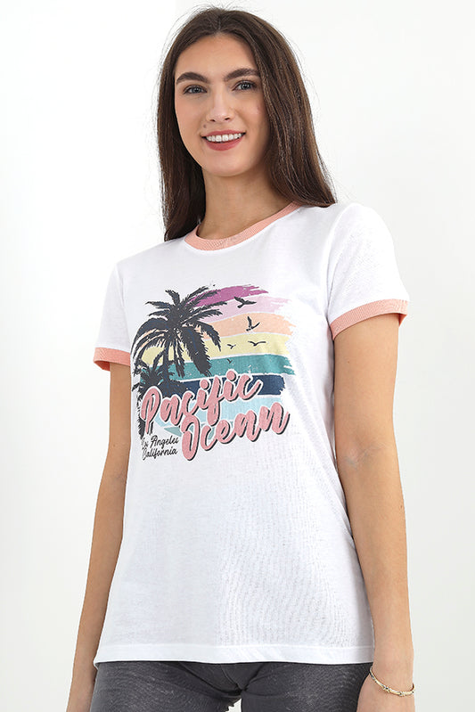 Pacific Ocean Slogan Printed Ringer T-Shirt