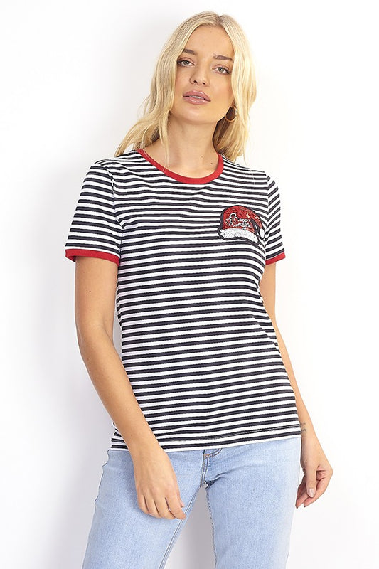 Stripe Ringer Tshirt With Sequin Santa Hat Design