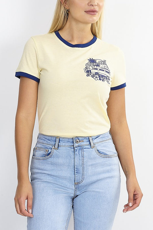 Hawaii Embroidered Patch Ringer T-Shirt
