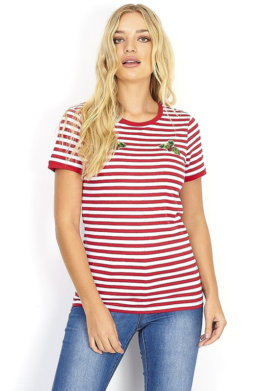 Stripe Ringer Tshirt With Sequin Holly Design