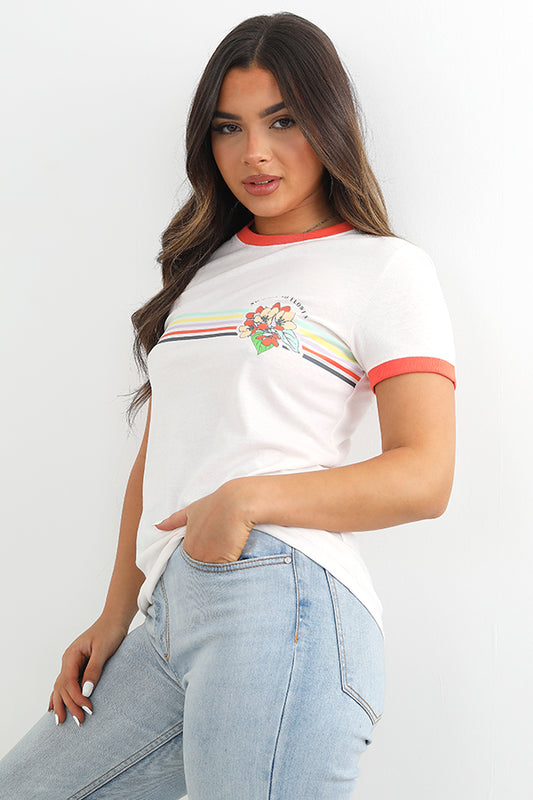 No Rain No Flowers Print Crew Neck Ringer T-Shirt
