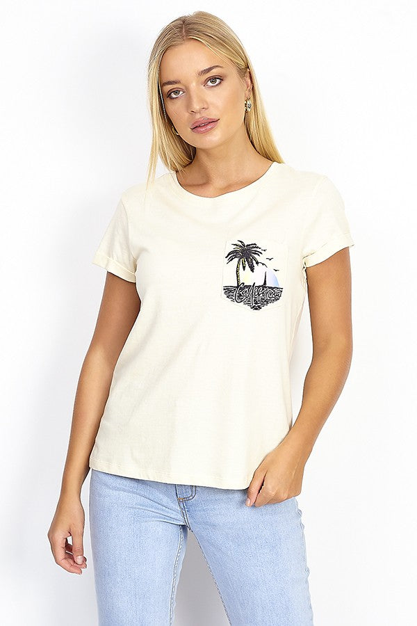 Embroidered Pocket Detail Turn Up Sleeve T-Shirt