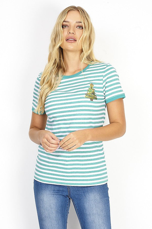 Stripe Ringer Tshirt With Sequin Tree Design