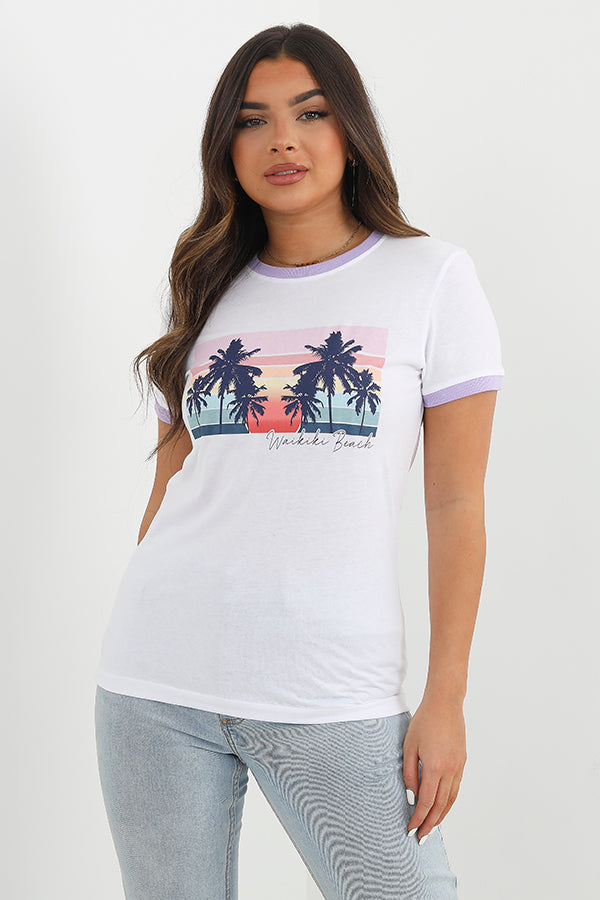 Waikiki Beach Slogan Contrast Colour Ringer T-Shirt