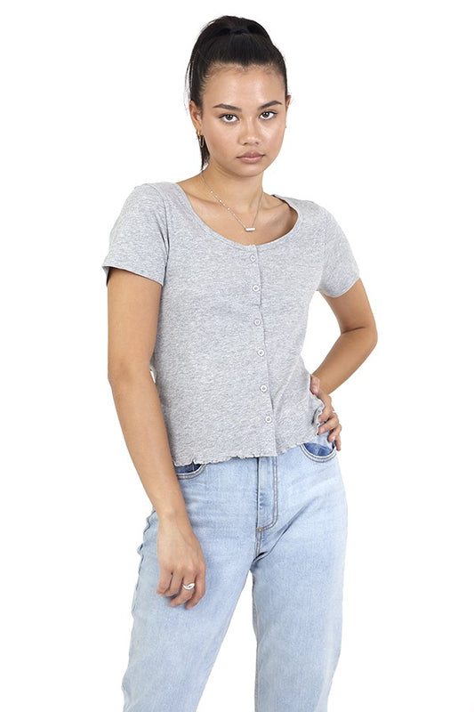 Scoop Neck Lettuce Edging Detail Button Down T-Shirt