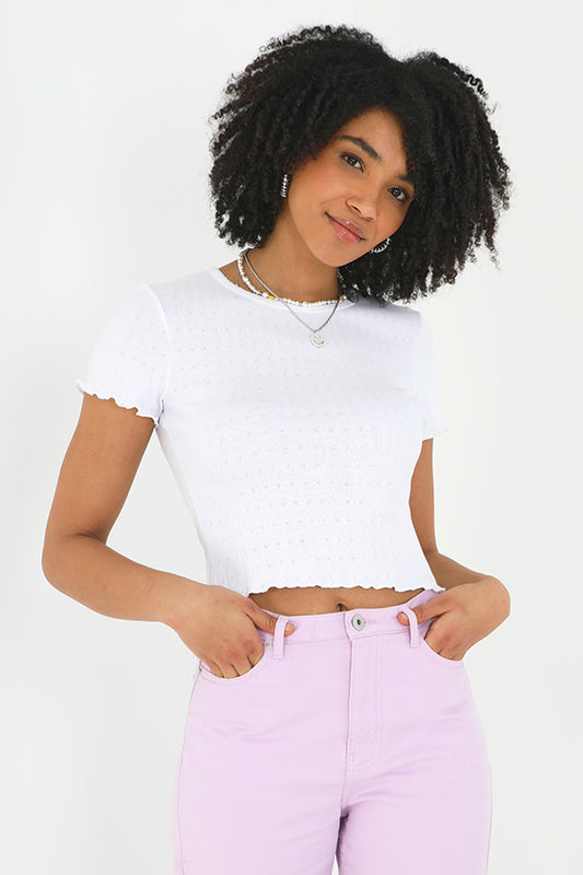 Lace Detail Cropped Lettuce Hem T-Shirt