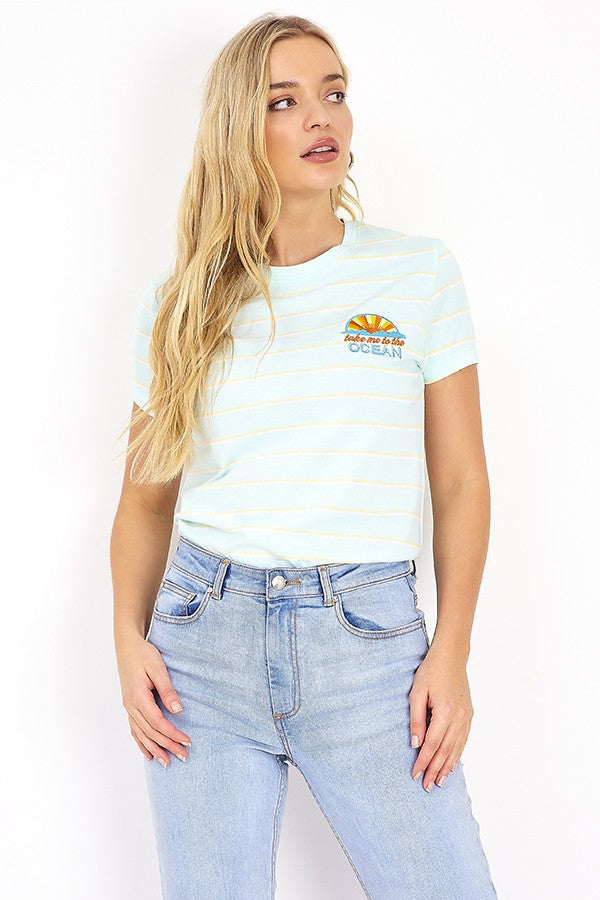 Ocean Slogan Detail Striped Crew Neck T-Shirt