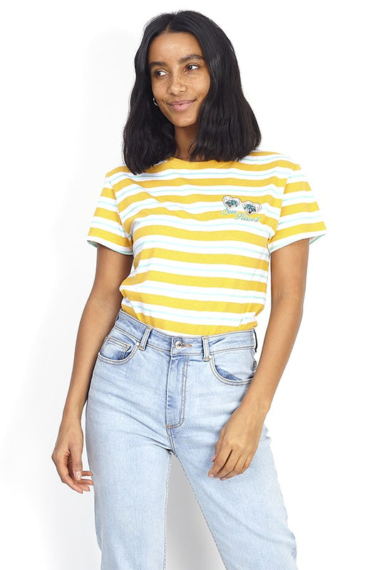 Sun Kissed Slogan Detail Striped Crew Neck T-Shirt
