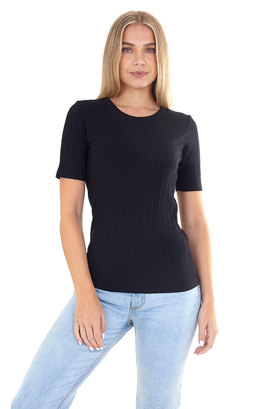 Plain Black Ribbed Crew Neck T-Shirt