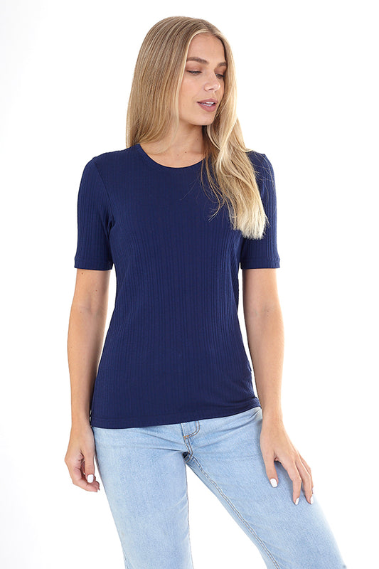 Plain Navy Ribbed Crew Neck T-Shirt