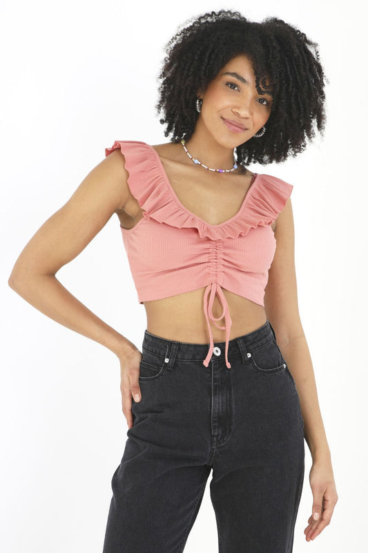 Cropped Gathered Detail V-Neck Frilled Vest