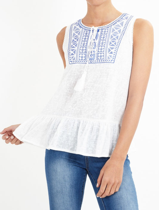 Nelly Embroidered Neck Peplum Hem Sleeveless Top