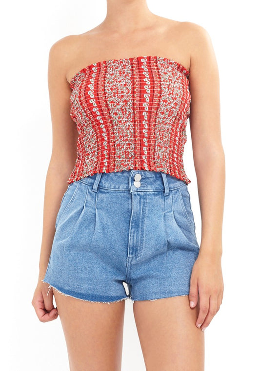 Striped Floral Print Shirred Boob Tube
