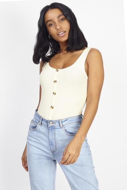 Plain Colour Ribbed Button Up Scoop Neck Vest Top