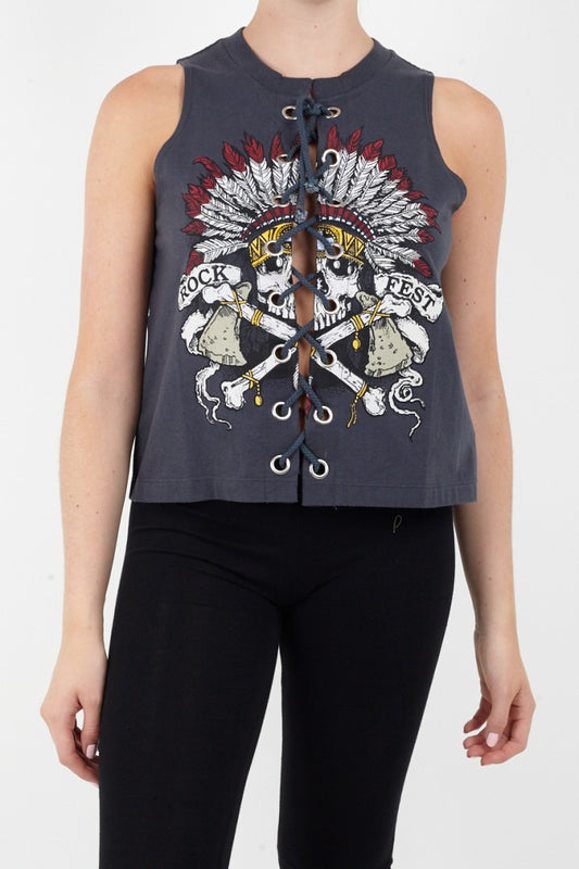 Chief Skull Print Lace Up Vest