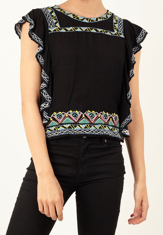 West Aztec Embroidery Frill Sleeve Top