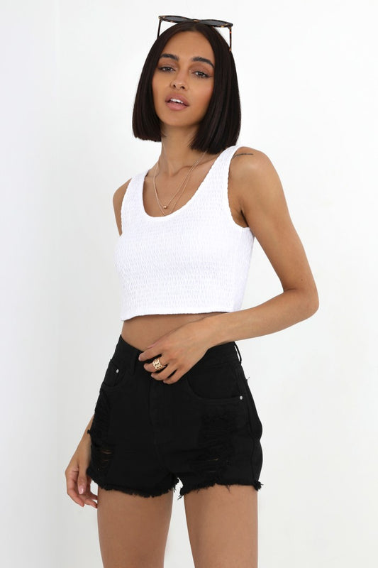 Plain Strappy Shirred Scoop Neck Cropped Vest Top