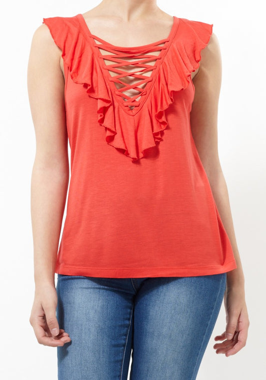 Laced Plunge Neck Frill Detail Vest