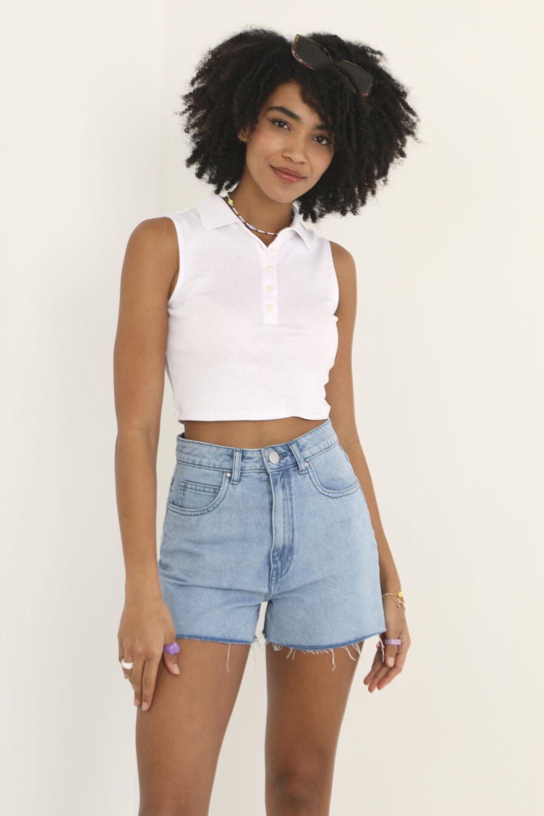 Plain Collar Detail Buttoned Ribbed Vest Top