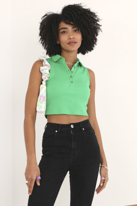 Collar Detail Buttoned Ribbed Vest Top