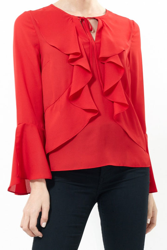 Ruffle Front Tie Neck Bell Sleeve Blouse