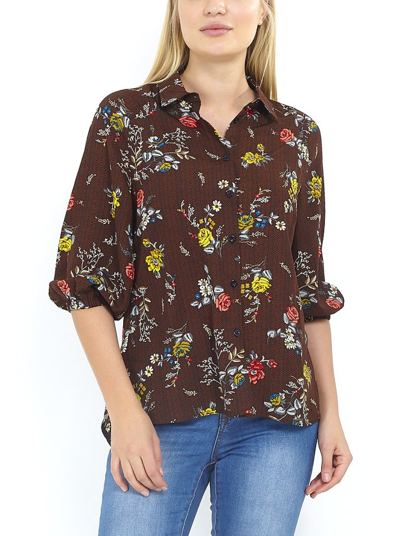 Mid Sleeve Brown Floral Print Button Up Blouse