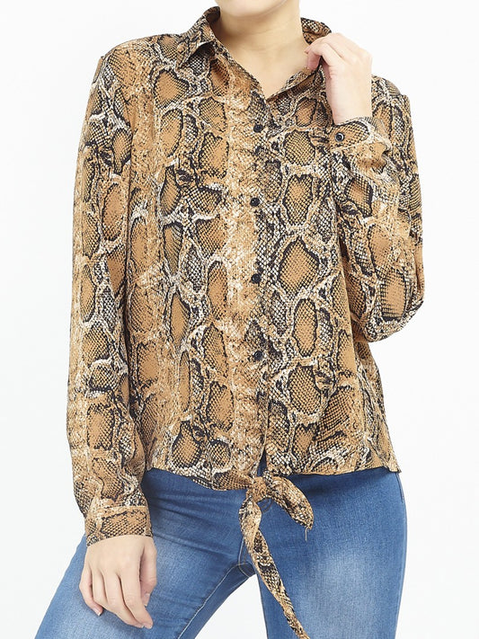 Tie Front Snake Print Long Sleeve Shirt