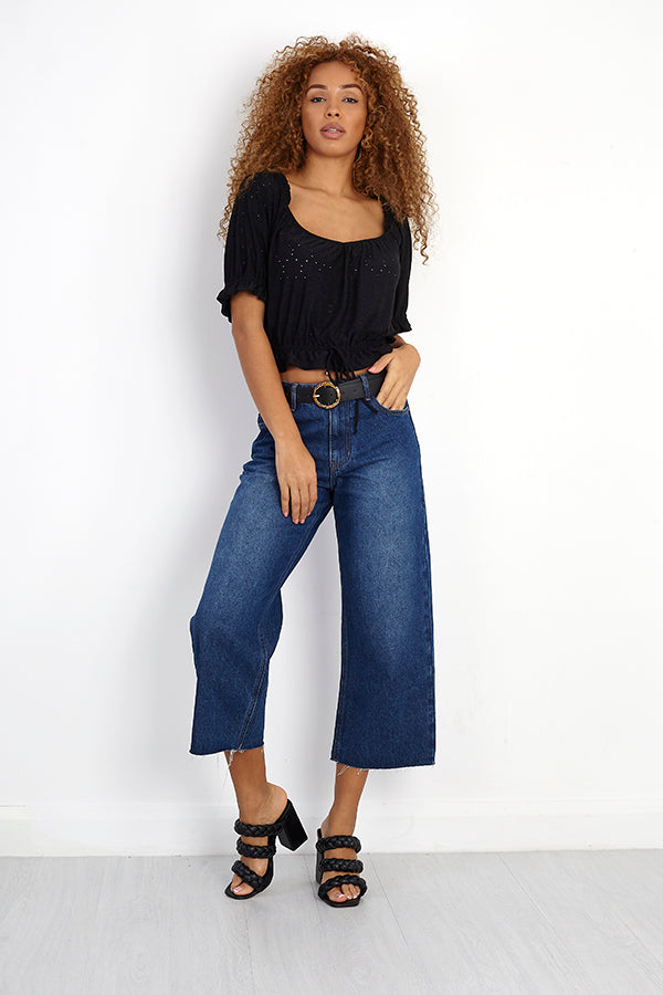 Plain Tie Neck And Waist Detail Broderie Frilly Top