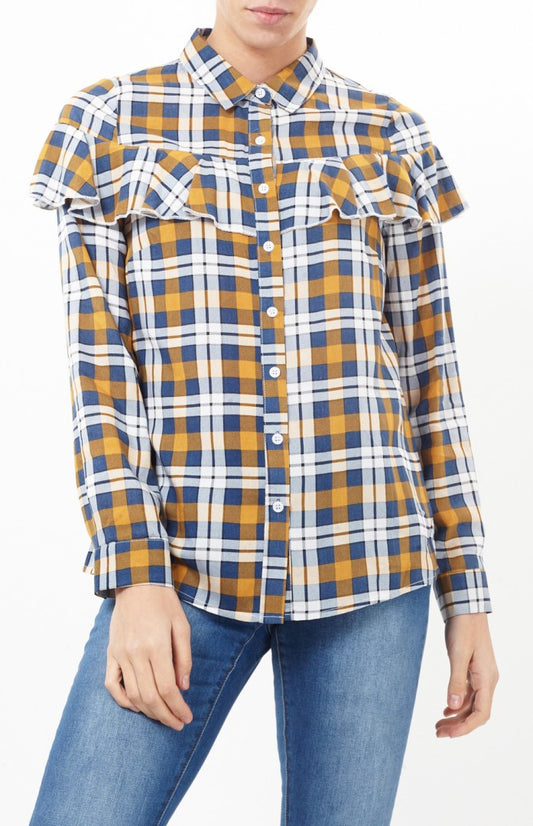 Frilled Panel Long Sleeve Check Print Shirt