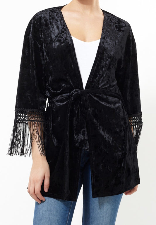 Fringe Sleeve Detail Crushed Velvet Kimono