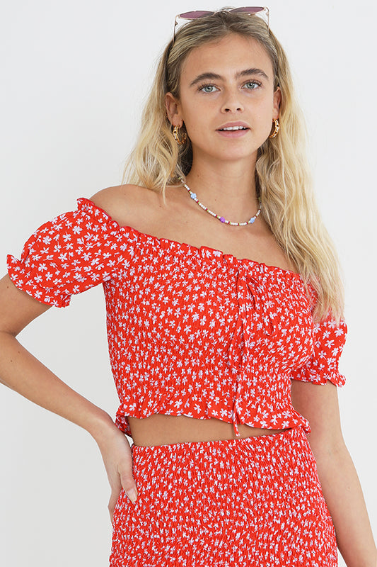 Red Ditsy Floral Print Shirred Bardot Crop Top