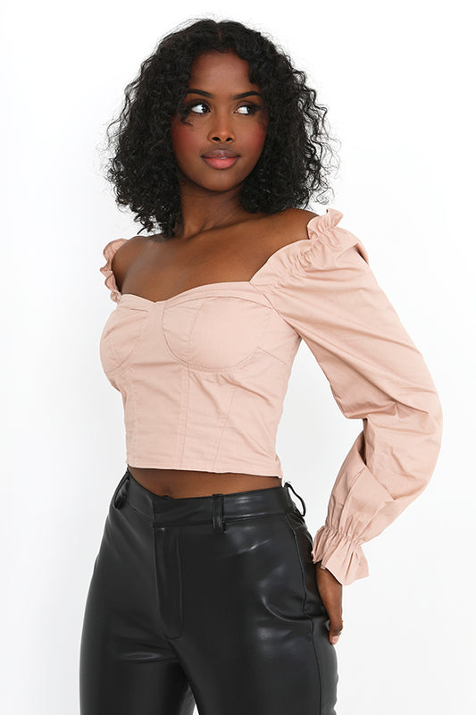 Panel Detail Long Sleeve Sweetheart Neck Bustier Top