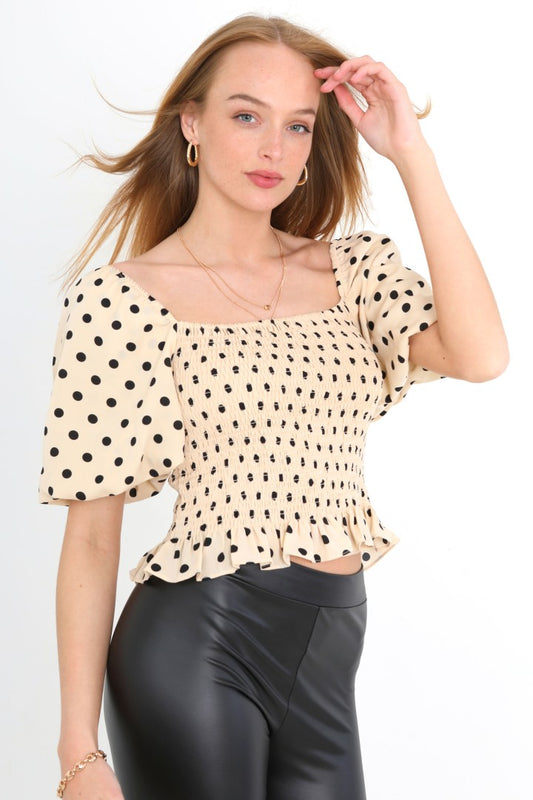 Cream Polka Dot Shirred Bust Puff Sleeve Detail Top
