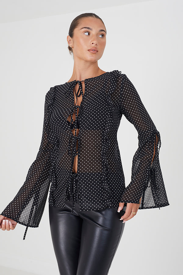 Georgette Polka Dot Print Tie Front & Ruffle Detail Blouse