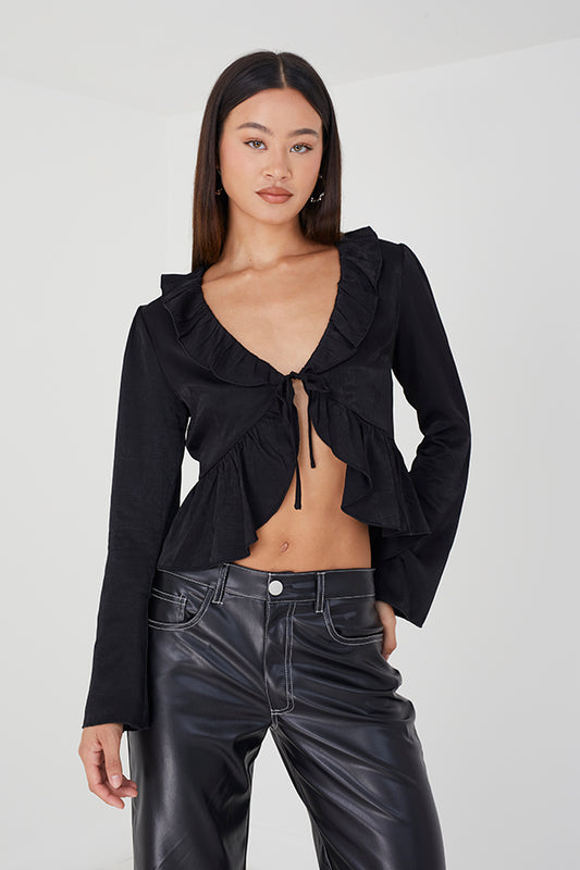 Long Sleeve Satin Frill Top
