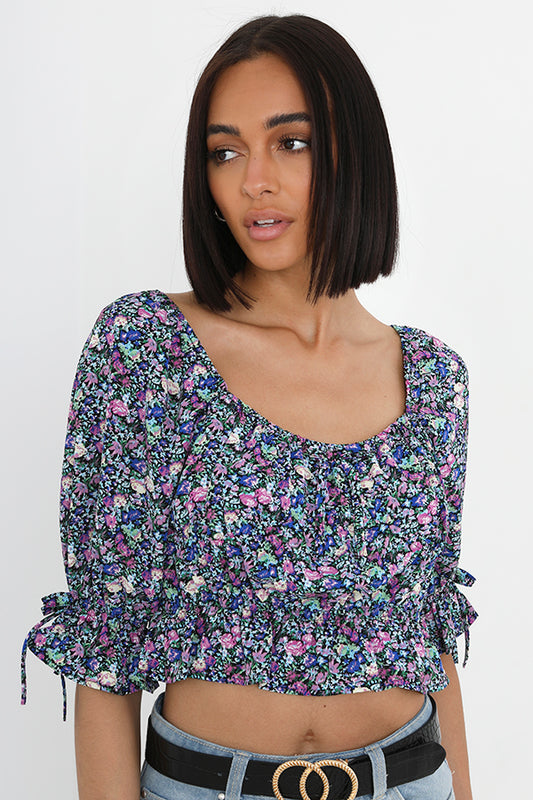 Black And Purple Floral Print Puff Sleeve Top