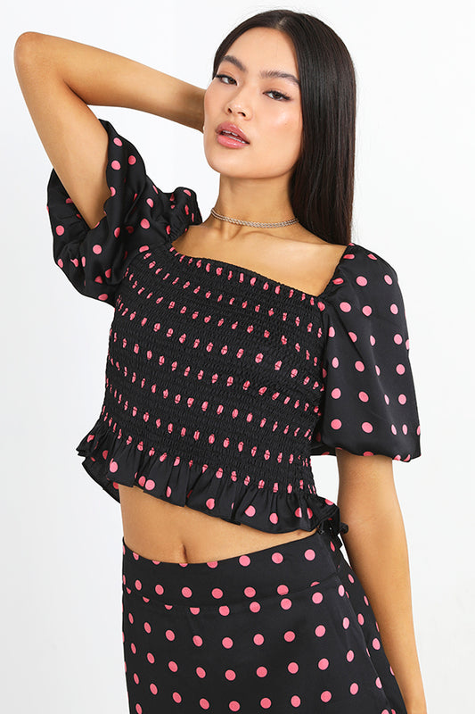 Black And Pink Polka Dot Print Puff Sleeve Top