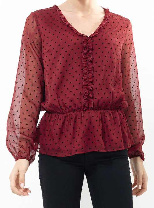 Love Heart Print Sheer Peplum Hem Blouse