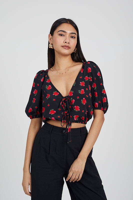 Short Puff Sleeve Printed Top With Tie Front