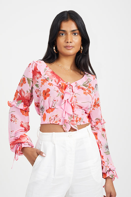 Long Sleeve Crinkle Chiffon Frill Top
