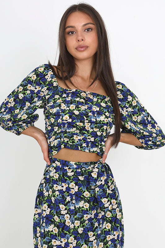 Blue Floral Print Puff Sleeve Ruched Crop Top