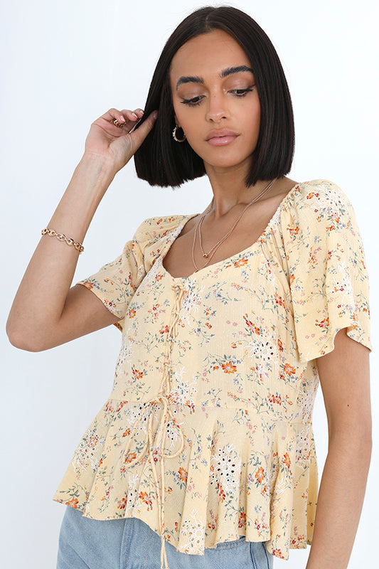 Yellow Floral Printed Short Sleeve Broderie Top