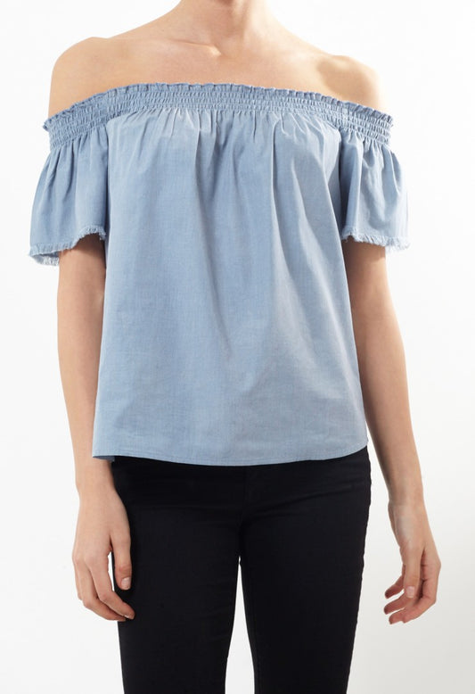 Shirred Chambray Bardot Top