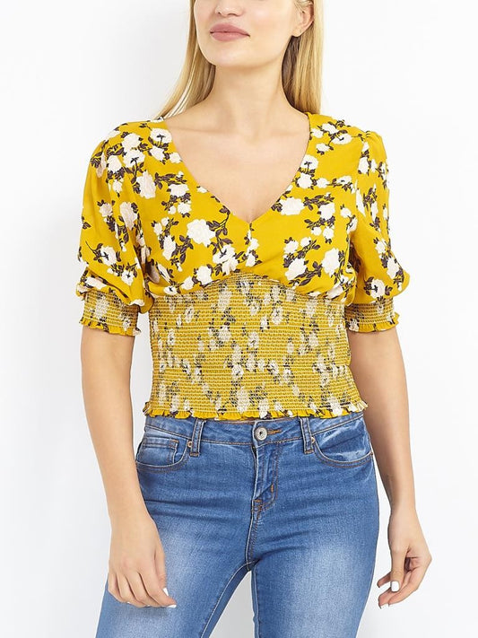 Yellow Floral Print Shirred V-Neck Blouse