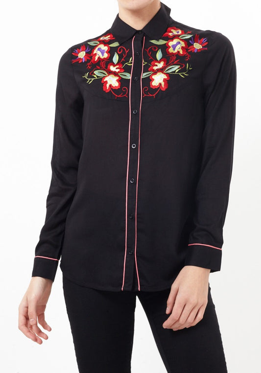 Western Style Floral Embroidery Long Sleeve Shirt