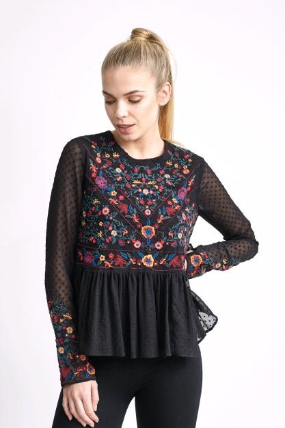 Black Embroidered Peplum Hem Dobby Top