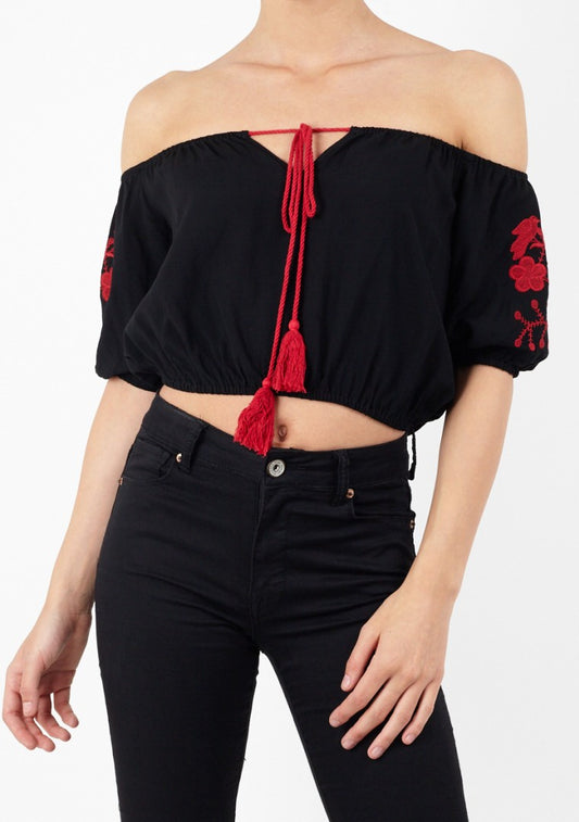 Maria Contrast Embroidery Bardot Crop Top