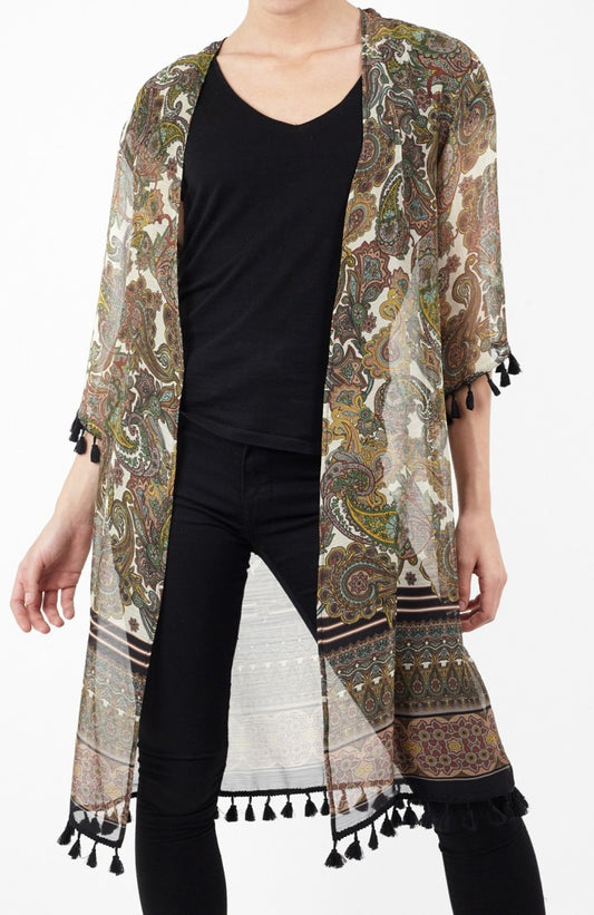 Bohemia Paisley Print Tassel Trim Kimono
