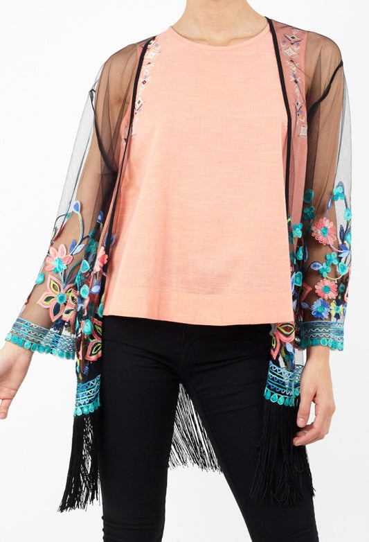 Riviera Embroidered Sheer Mesh Fringed Kimono