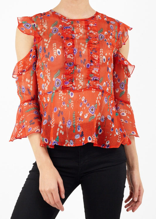 Sophie Frill Detail Printed Cold Shoulder Blouse
